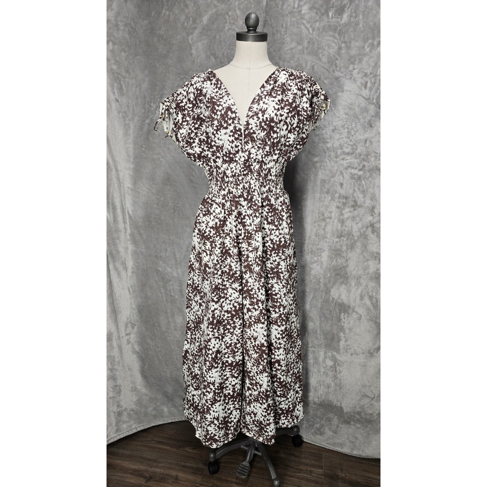 INC Womens M Brown White Maxi Dress Abstract Cotton Smocked Boho Cottage Coastal